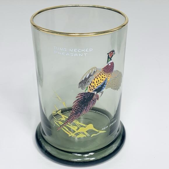 NED SMITH Double Lowball 12 oz Glass Set (4) Smoke Gold Rim Waterfowl Rocks EUC - Picture 4 of 10